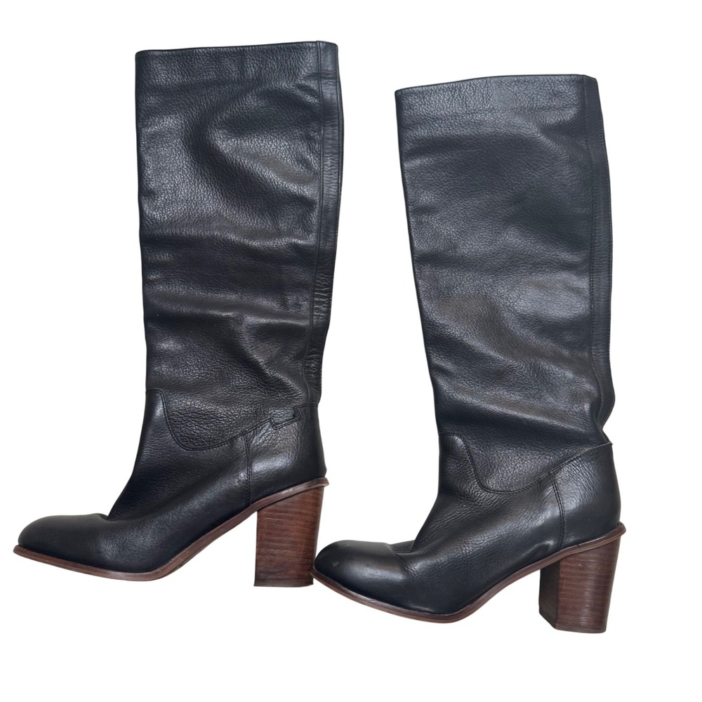 Seychelles Black Leather Tall Block Heel Boots Womens 9 EU 40 Pull On Round Toe